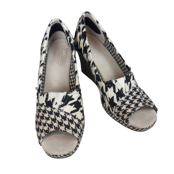 Tom’s Black White Scottish Houndstooth Wedge Heel Open Toe Shoes Size 9.5 - Picture 2 of 12